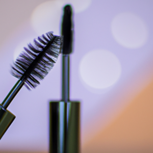 A close-up of a mascara brush with a soft, blurred background.