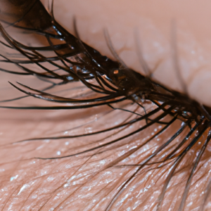 A close-up of a set of long, curled eyelashes.