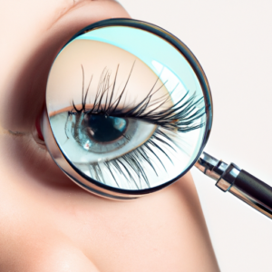 A close-up of a magnifying glass hovering over an eye with long, lush eyelashes.