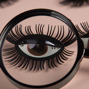 A close-up of a pair of false eyelashes with an overlay of a magnifying glass.