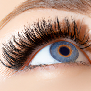 Close-up of an eye with bright, voluminous lashes.