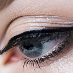 Close-up of an eye with mascara smudges on the eyelashes.