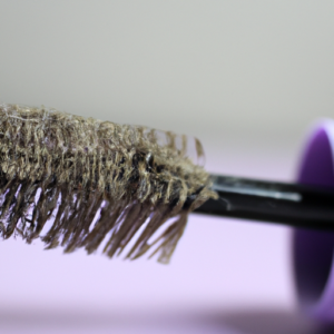 A close-up of a mascara wand with a few clumps of mascara on the bristles.