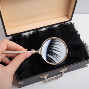 A close-up of a box of false eyelashes, with a hand holding a single eyelash and a magnifying glass.