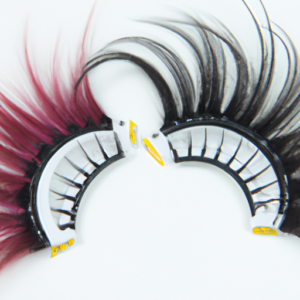 A close-up of a pair of colorful false eyelashes on a white background.