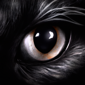 A close-up of a black cat's eye, with a dramatic smokey eye makeup design around it.