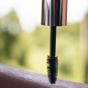A close up of a tube of clear mascara with soft lighting and a blurred, natural-looking background.