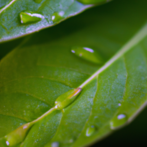 A close-up of a green leaf, with dew droplets on the tips of the leaves.