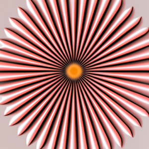 A pink and orange sunburst radiating from a circular mirror.