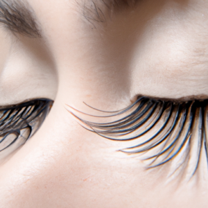 A close-up of a set of long, lush eyelashes.
