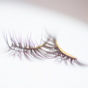 A close-up of a pair of eyelashes against a light background.