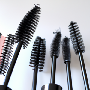 A close-up image of mascara brushes in various shapes and sizes.