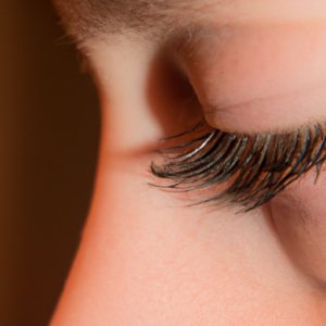 A close-up of an eye with long, curled lashes.