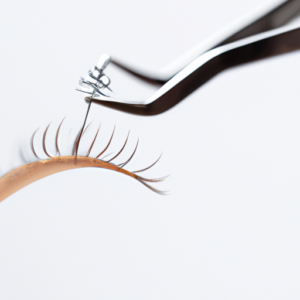 A close-up of a pair of tweezers grasping a single false eyelash against a white background.