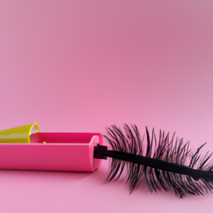 Brightly colored eyelash brush with a pink background.