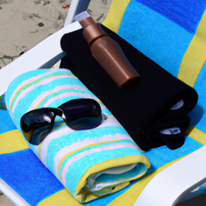 A beach towel draped over a beach chair, with a bottle of sunscreen and a pair of sunglasses next to it.