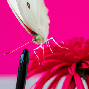 Suggested prompt: A white butterfly perched on a bright pink flower with mascara wand in the foreground.