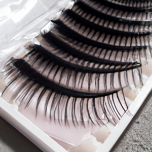 A close-up of a set of false eyelashes folded into a neat package.