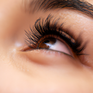 A close-up of an eye with long, lush eyelashes.