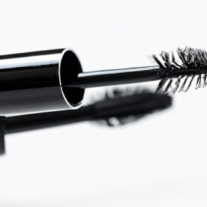 A close-up of a black mascara wand with curled lashes at the tip.