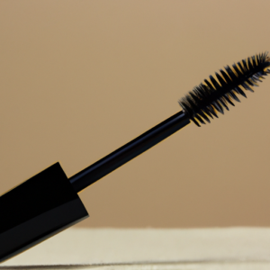 A close-up of a mascara brush against an ivory background.