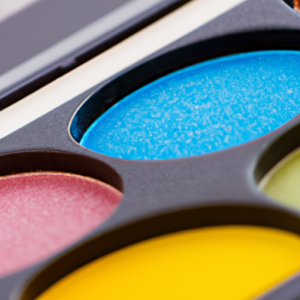 A close-up of a colorful eyeshadow palette.