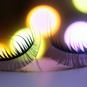 A close-up of a pair of colorful false eyelashes, with a soft, glowing light in the background.