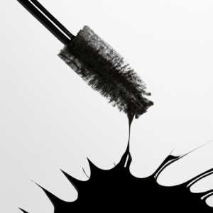 A close-up of a black mascara wand dripping onto a white surface.