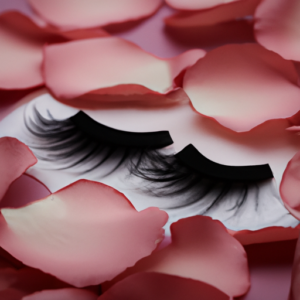 A closeup of a pair of false eyelashes lying atop a bed of rose petals.