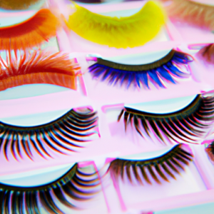 A close-up of a variety of colorful false eyelashes arranged in a fan shape.