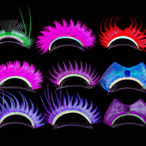 A black background with a set of false eyelashes in a variety of colors and styles.