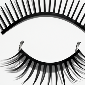 A pair of false eyelashes in the shape of a curved line with a ruler beside them.