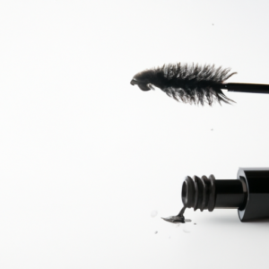 A white background with a close-up of a black mascara brush beginning to unravel.