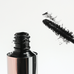 A close-up of a tube of volumizing mascara, with the nozzle open and the mascara spilling out.