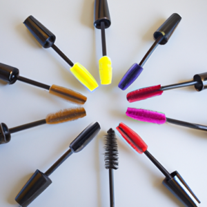 Brightly colored tubes of mascara arranged in a circle.