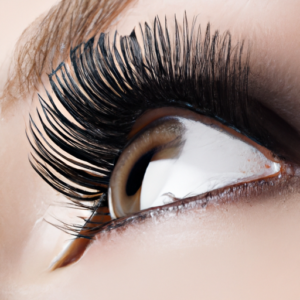 Close-up of a woman's eye with long and short lashes highlighted in black mascara.