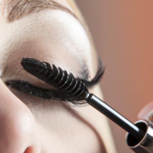 A close-up of a mascara wand being applied to a set of curled eyelashes.