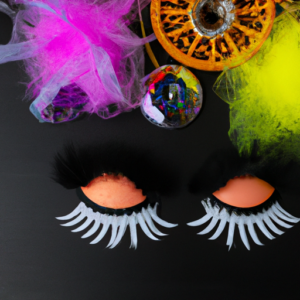 A black background with a pair of false eyelashes in the center, surrounded by colorful Halloween decorations.