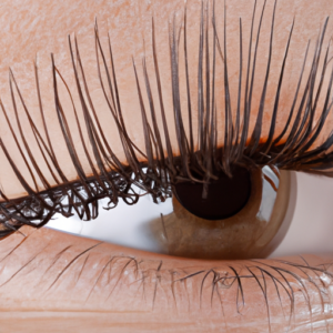 A close-up of an eye with long, lush eyelashes.