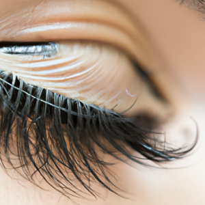 A close-up of a human eyelashes in a curled shape.
