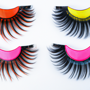 A close-up of a set of colorful false eyelashes on a white background.