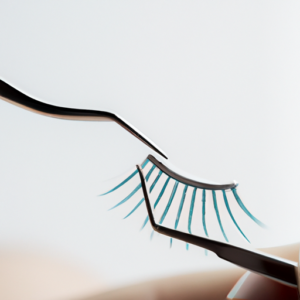 Close-up of a pair of tweezers gripping a single false eyelash.