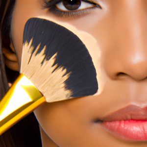 Suggestion: A woman's face with a close-up view of a makeup brush blending foundation onto her skin.