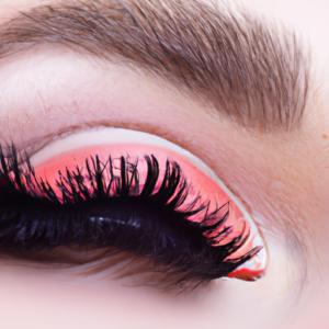 A close-up of a pair of eyes with a false eyelash attached, with a contrasting color of eyelash and eye makeup.
