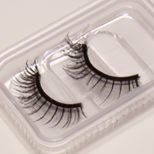 A close up of a pair of false eyelashes in a clear plastic container.