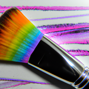 A makeup brush with a swirled pattern of colors applied to the bristles.