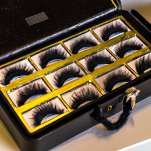  A close up of a black and gold cosmetics case filled with colorful fake eyelashes.