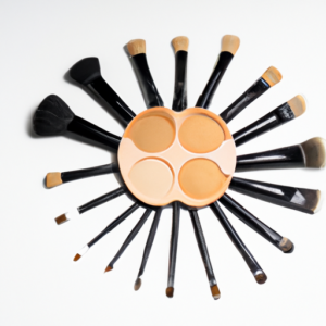Suggestion: A palette of contour makeup products with a series of brushes arranged in a fan shape.