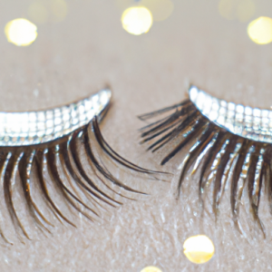 A close-up of a pair of synthetic fake eyelashes with a sparkling, glossy finish.