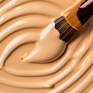 A close-up of a makeup brush with a variety of concealer shades swirled together.